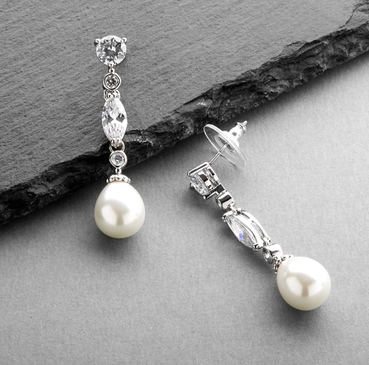 Linear Cubic Zirconia and Bold Pearl Teardrop Wedding Earrings