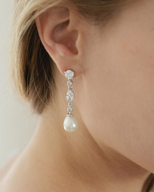Luxurious Teardrop Pearl & Zirconia Earrings – Refined Wedding Jewelry