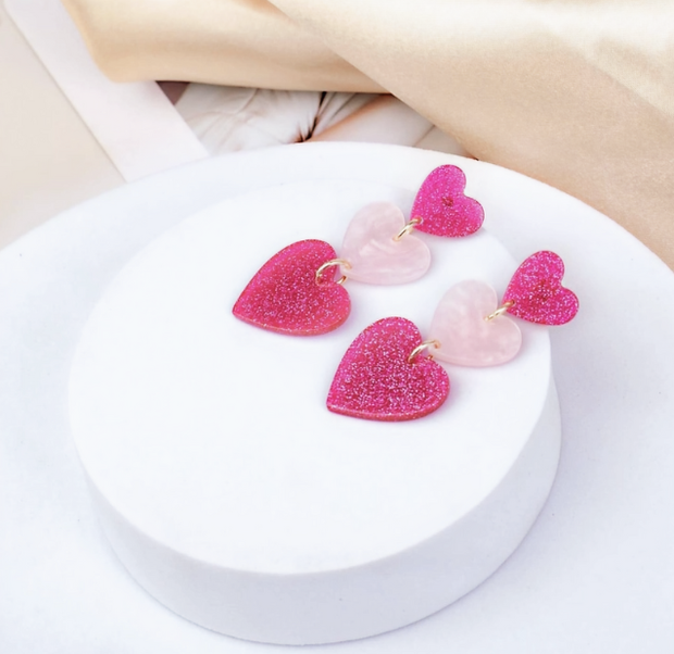 3-Connect Heart Dangle Earrings – Sparkly Pink & Red Glitter Jewelry