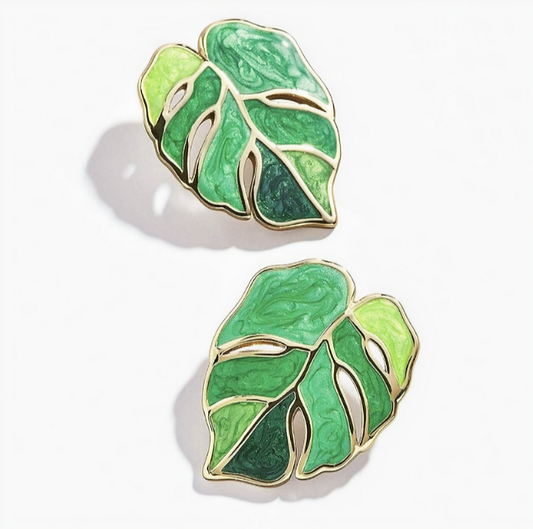 Retro Bohemian Green Leaf Enamel Stud Earrings