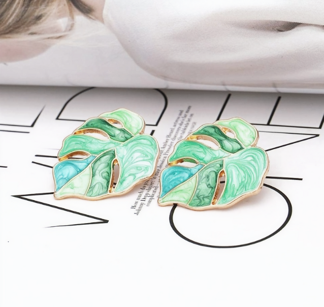 Retro Bohemian Green Leaf Enamel Stud Earrings