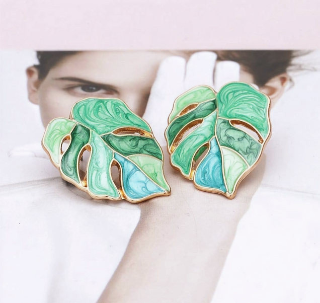 Retro Bohemian Green Leaf Enamel Stud Earrings