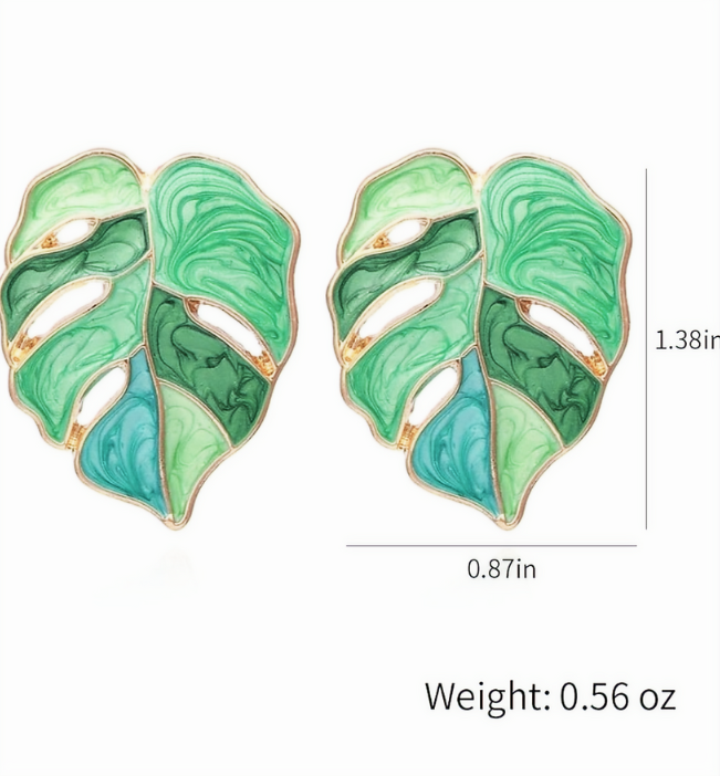 Retro Bohemian Green Leaf Enamel Stud Earrings