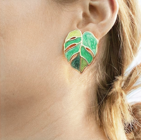 Retro Bohemian Green Leaf Enamel Stud Earrings