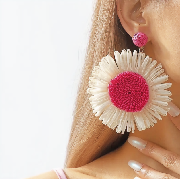 Rattan Raffia Dangle Hot Pink Earrings