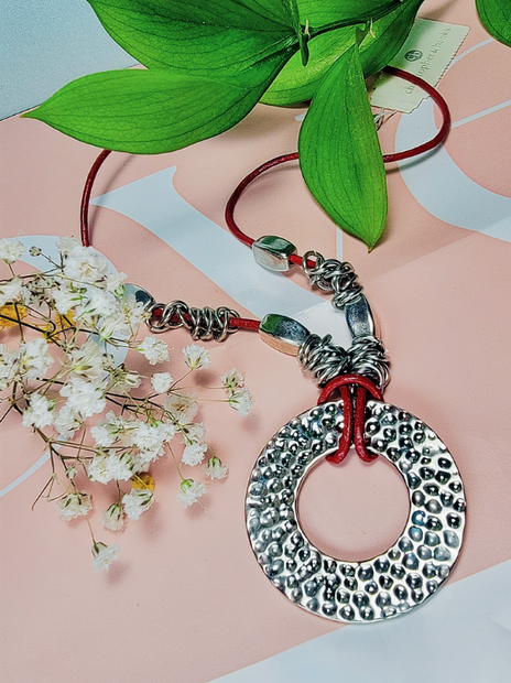 Artisanal Bohemian Steel Pendant Necklace with Wax Leather Cord