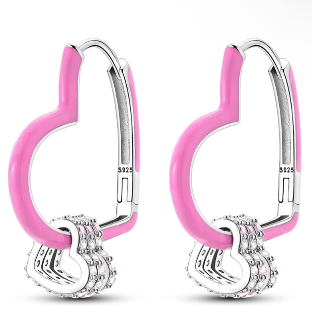 925 Sterling Silver Pink Enamel Double Heart Hoop Earrings