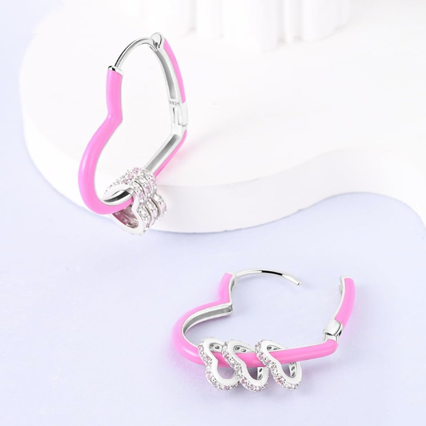 925 Sterling Silver Pink Enamel Double Heart Hoop Earrings