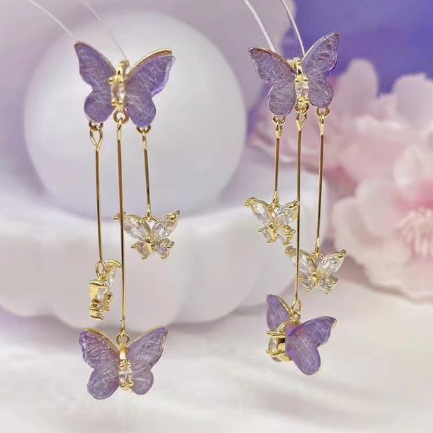 Purple Crystal Butterfly Tassel Dangle Earrings