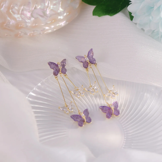 Purple Crystal Butterfly Tassel Dangle Earrings