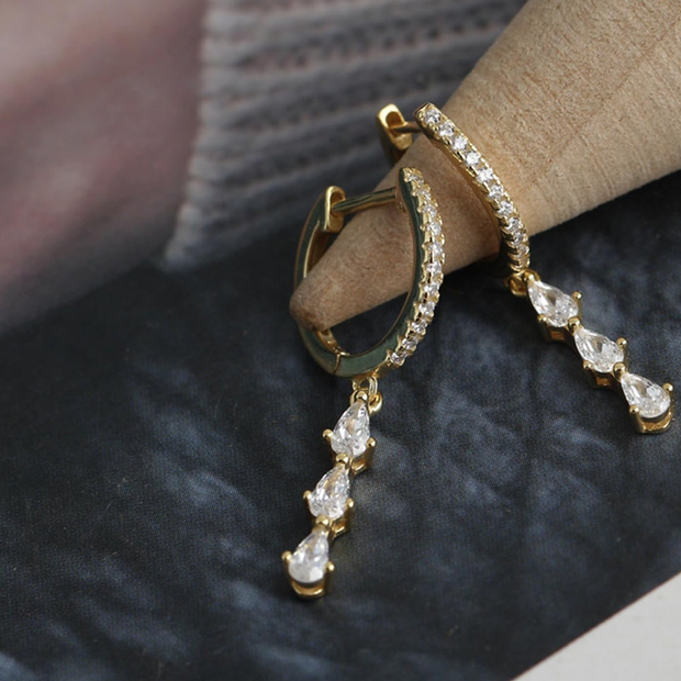 Elegant Triple Teardrop Cubic Zirconia Dangle Earrings Gold Plated