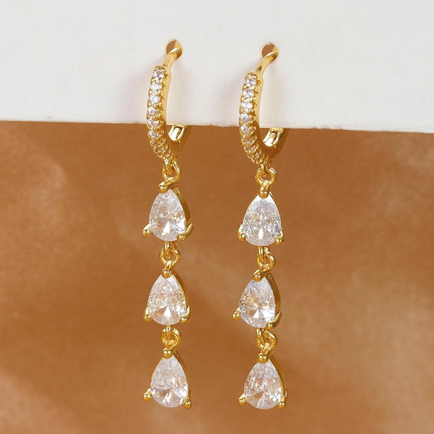 Elegant Triple Teardrop Cubic Zirconia Dangle Earrings Gold Plated