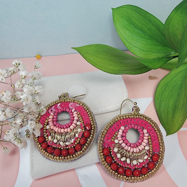 Vibrant Beaded Steel Hoop Earrings – 5x4cm