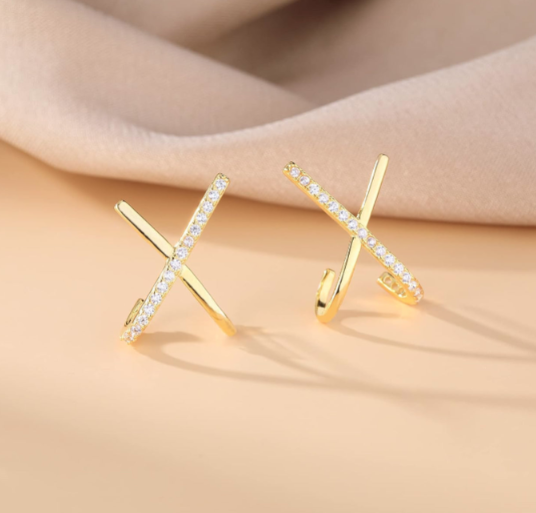 Elegant Gold Plated Sterling Silver X Cuff Earrings Sparkly Gift for Her