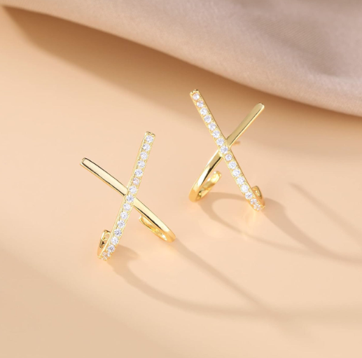 Elegant Gold Plated Sterling Silver X Cuff Earrings Sparkly Gift for Her