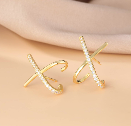 Elegant Gold Plated Sterling Silver X Cuff Earrings Sparkly Gift for Her