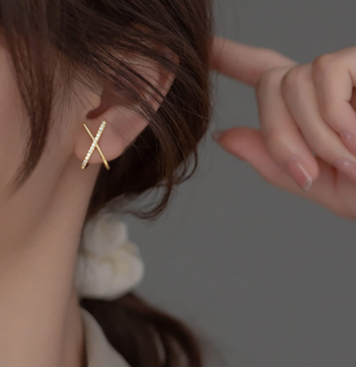 Elegant Gold Plated Sterling Silver X Cuff Earrings Sparkly Gift for Her