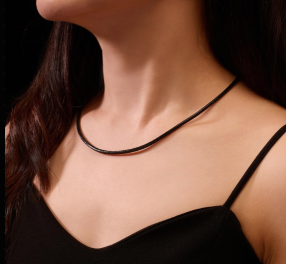 Black Leather Cord Necklace with 925 Sterling Silver Clasp 49cm