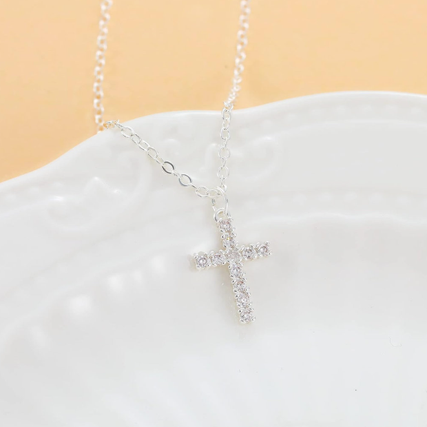 14K White Gold Plated Stainless Steel Minimalist Cross Necklace