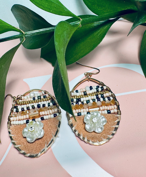 Handcrafted Style Woven Bead Drop Earrings with Flower Detail