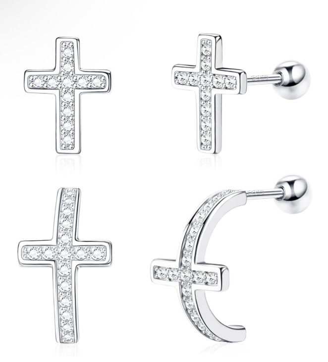 925 Sterling Silver Cross Stud Earrings set of 2