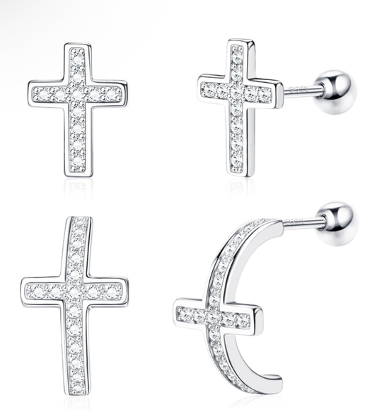 925 Sterling Silver Cross Stud Earrings set of 2