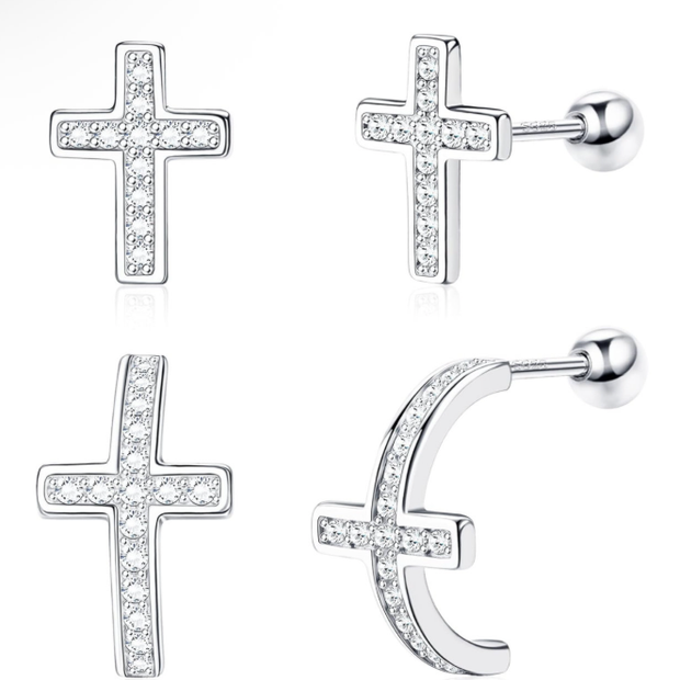 925 Sterling Silver Cross Stud Earrings with Cubic Zirconia Set of 2