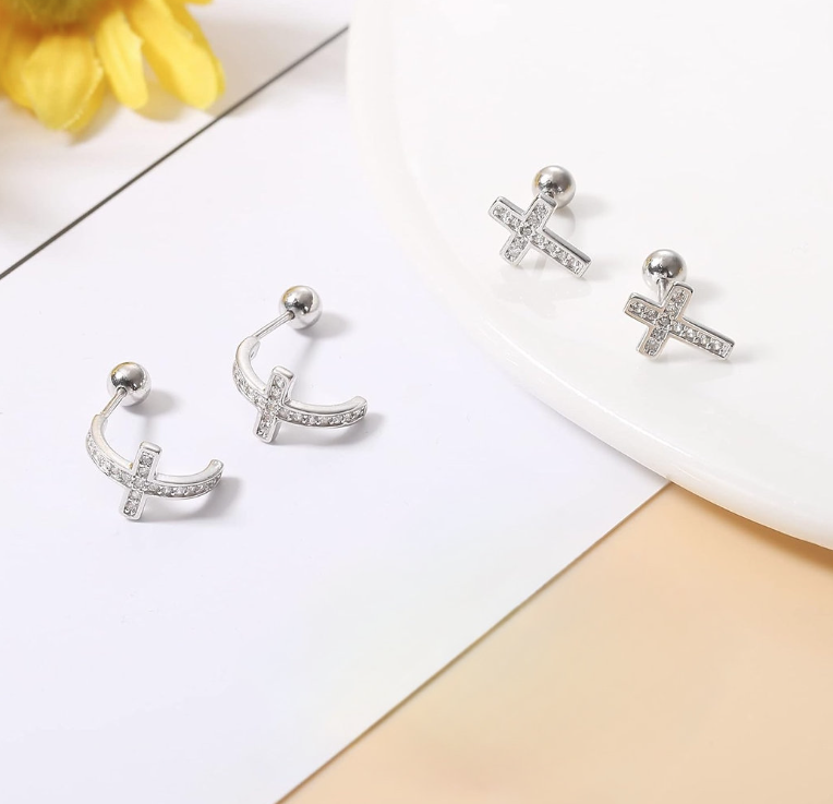925 Sterling Silver Cross Stud Earrings set of 2