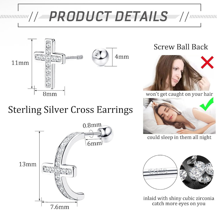 925 Sterling Silver Cross Stud Earrings set of 2