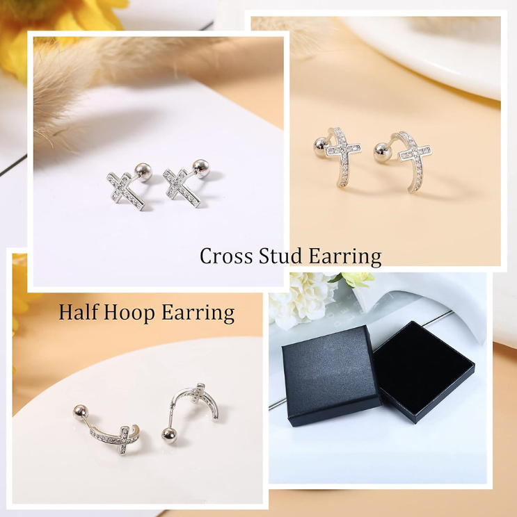925 Sterling Silver Cross Stud Earrings set of 2