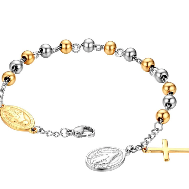 Silver Rosary Beaded Bracelet (7.48") – 0.74"x0.51" Cross Stainless Steel