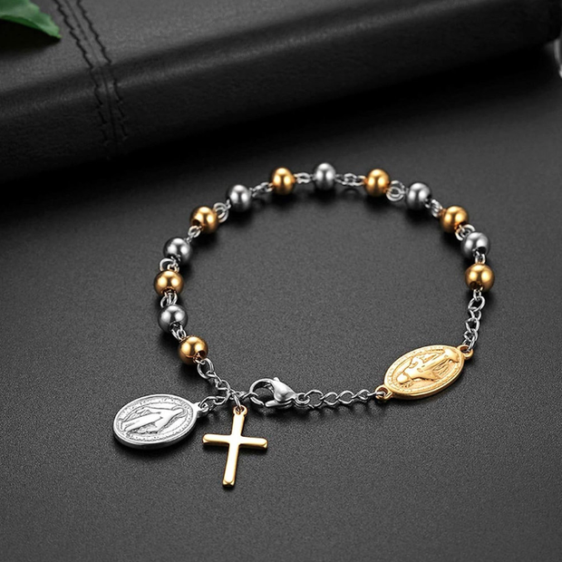 Silver Rosary Beaded Bracelet (7.48") – 0.74"x0.51" Cross Stainless Steel