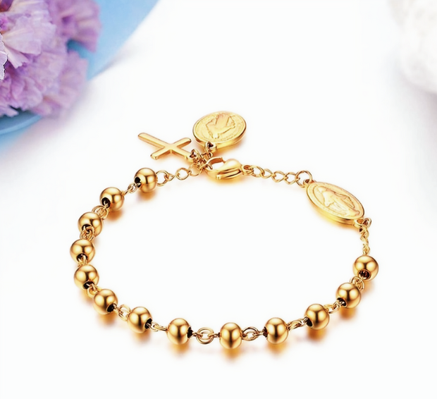 Gold Tone Cross Rosary Bracelet – Premium Stainless Steel Jewelry
